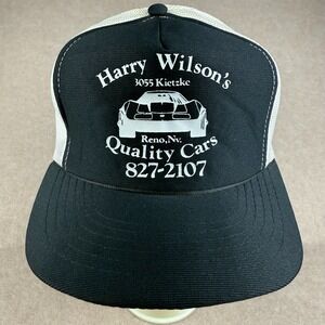 Vintage Harry Wilson's Quality Cars Hat Trucker Cap M-L Black White Korea Made